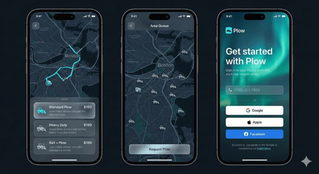 Plow customer experience mockup — map packages and sign in